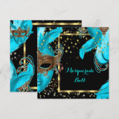 Invitation Bal Masqué Masque Bleu Turquoise Soirée Masquée (Devant / Derrière)