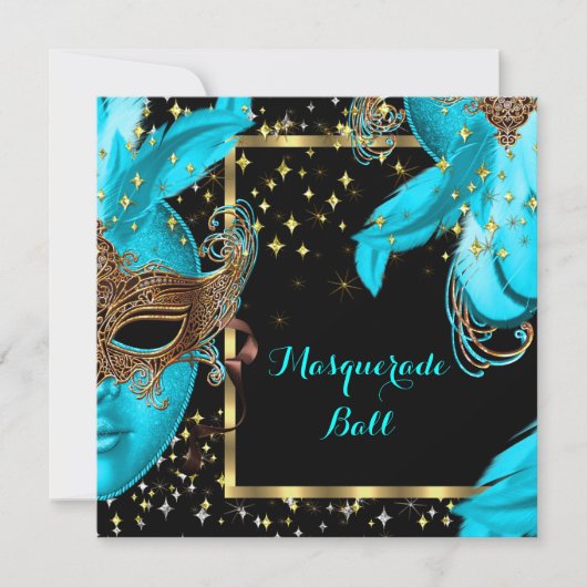 Invitation Bal Masqué Masque Bleu Turquoise Soirée Masquée (Devant)