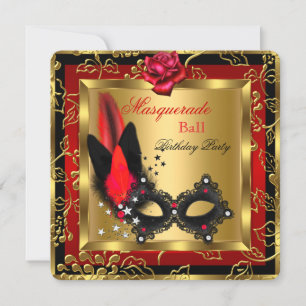 Invitation Bal Masqué Masque Rouge Noir Or Rose