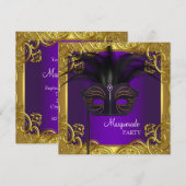 Invitation Bal masqué Masque Violet et Or (Devant / Derrière)
