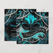 Invitation Bal masqué noir et bleu sarcelle (Devant / Derrière)
