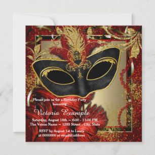 Invitation Bal masqué noir rouge et or