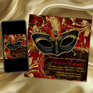 Invitation Bal masqué noir rouge et or