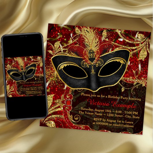 Invitation Bal masqué noir rouge et or