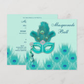 Invitation Bal masqué Paon Bleu Vert Aqua (Devant / Derrière)