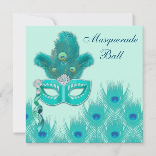 Invitation Bal masqué Paon Bleu Vert Aqua (Devant)
