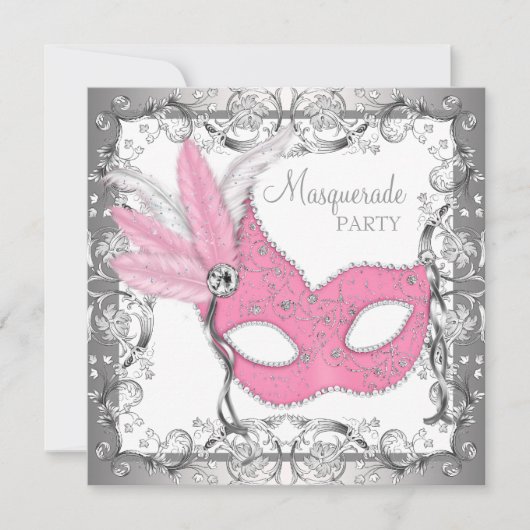 Invitation Bal masqué rose et gris (Devant)