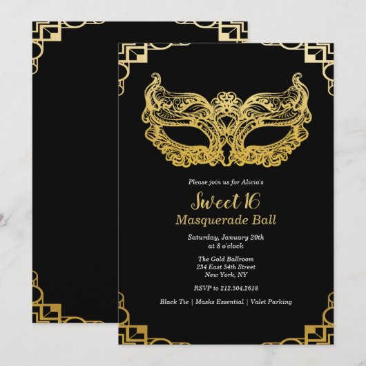Invitation Bal masqué Sweet 16 (Devant / Derrière)