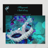 Invitation Bal Masqué Teal Blue Masques Violets E (Devant / Derrière)