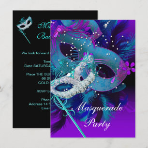 Invitation Bal masqué Teal Blue Purple Masques