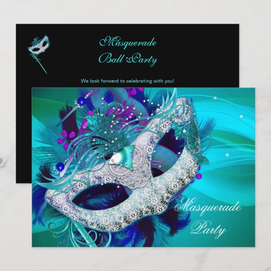 Invitation Bal masqué Teal Blue Purple Masques D (Devant / Derrière)