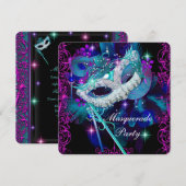 Invitation Bal masqué teal et violet (Devant / Derrière)