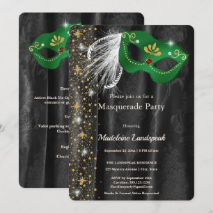 Invitation Bal masqué vert émeraude en velours damassé