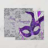 Invitation Bal masqué Violet Argent et Rose (Devant / Derrière)