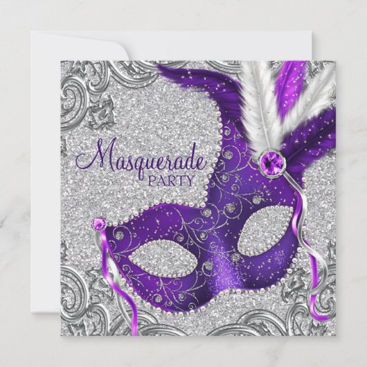 Invitation Bal masqué Violet Argent et Rose (Devant)