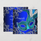 Invitation Bal royal et soirée masquée bleu sarcelle (Devant / Derrière)