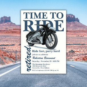 Invitation Balade en moto bleue classique, fête de retraite e