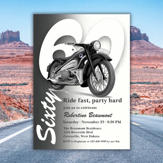 Invitation Balade en moto classique grise - 60 ans