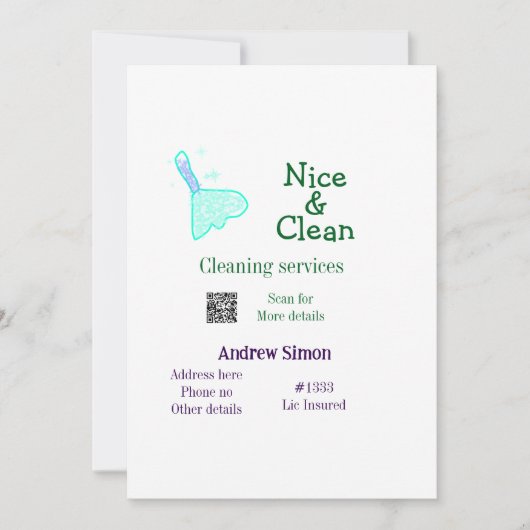 Invitation Balai nettoyant vert bleu gitter ajouter nom adres (Devant)