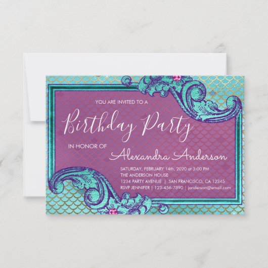 Invitation Balances turquoise bleu et mauve sirène fête d'ann (Devant)