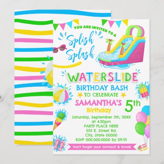 Invitation Balançoire à l'eau toboggan Anniversaire Pink Pool (Devant / Derrière)