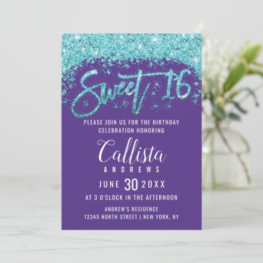 Invitation Balayage blanc violet Aqua Parties scintillant ble (Debout devant)