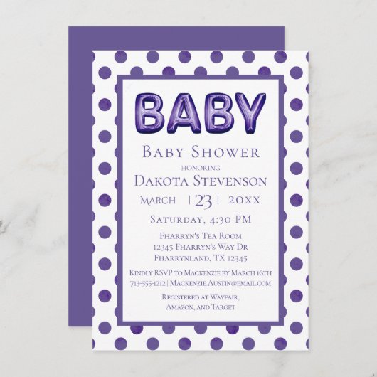 Invitation Balcon bébé | Baby shower violet royal violet (Devant / Derrière)