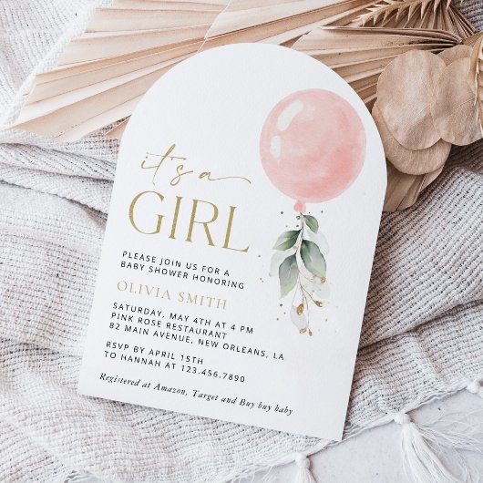 Invitation Balcon rose, Eucalyptus, Verdure, Baby shower