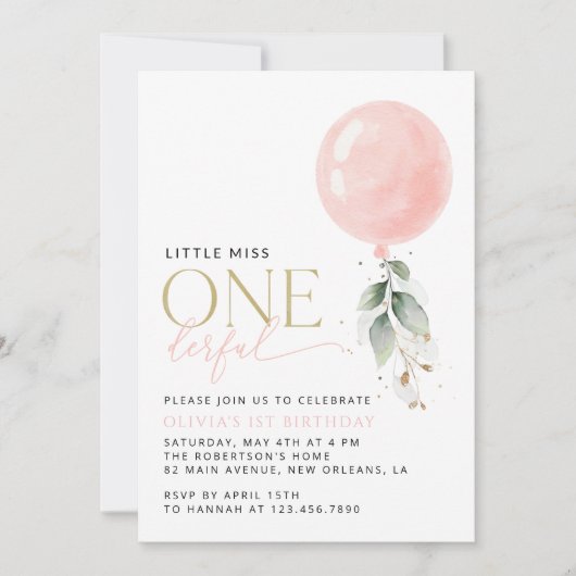 Invitation Balcon rose, Eucalyptus, Verdure, Premier Annivers (Devant)