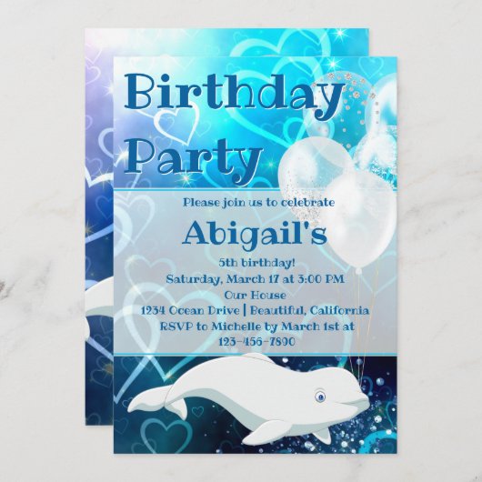 Invitation Baleine béluga et Coeurs bleus Partie d'anniversai (Devant / Derrière)