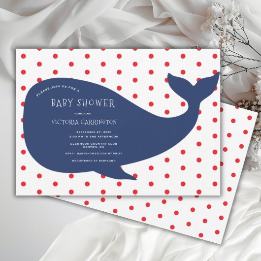 Invitation Baleine bleue Baby shower Polkadot rouge
