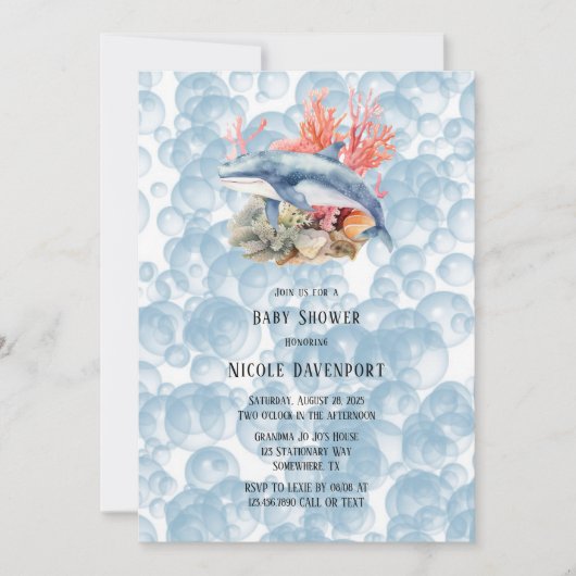 Invitation Baleine Bleue Coral Reef Bubbles Baby shower garço (Devant)