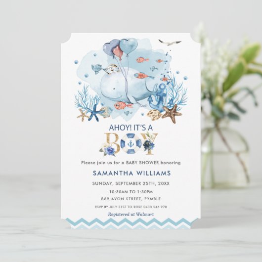 Invitation Baleine Bleue Nautique Ahoy C'est un Baby shower g (Debout devant)