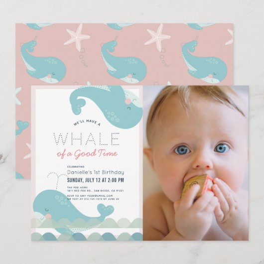 Invitation Baleine d'un bon temps fille rose 1er anniversaire (Devant / Derrière)