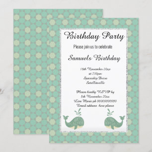 Invitation Baleine marine Sage blanc Hexagon vert Anniversair