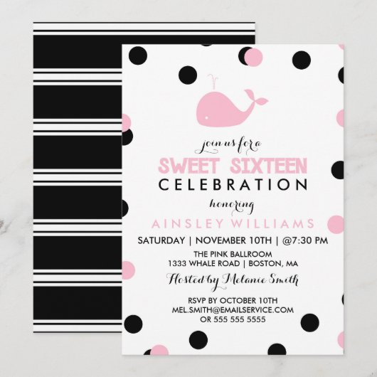 Invitation Baleine mignonne | Sweet sixteen noir et rose (Devant / Derrière)