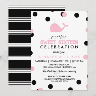 Invitation Baleine mignonne   Sweet sixteen noir et rose