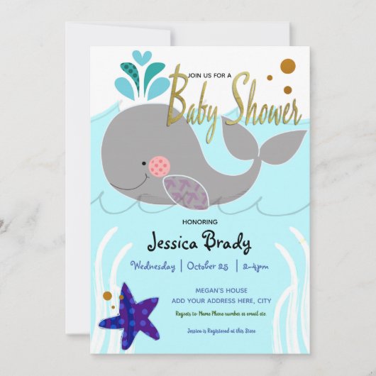 Invitation Baleine Nautical Faux Baby shower de script d'or (Devant)