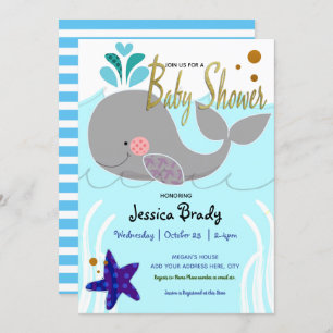 Invitation Baleine Nautical Faux Baby shower de script d'or