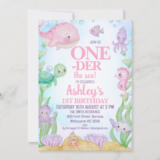 Invitation Baleine rose au-dessus de la mer 1er anniversaire (Devant)