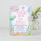 Invitation Baleine rose au-dessus de la mer 1er anniversaire (Debout devant)