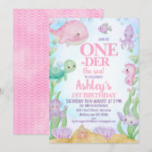 Invitation Baleine rose au-dessus de la mer 1er anniversaire (Devant / Derrière)