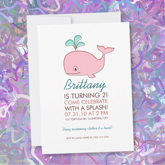 Invitation Baleine rose fête d'anniversaire