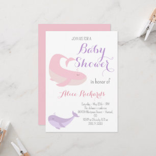 Invitation Baleine rose Lilac Pastel Baby shower de poisson d