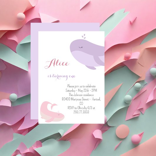 Invitation Baleine rose Lilac Poisson de mer 1ère fête d'anni