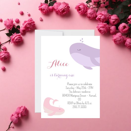 Invitation Baleine rose Lilac Poisson de mer 1ère fête d'anni