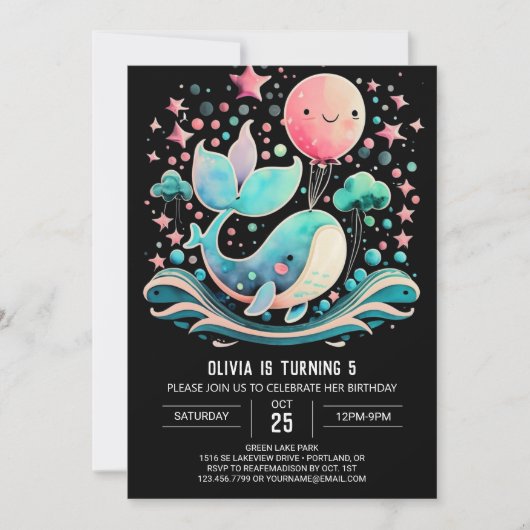 Invitation Baleine rose Nautique Fille Anniversaire (Devant)