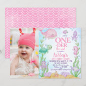 Invitation Baleine rose Photo près de la mer 1er anniversaire (Devant / Derrière)