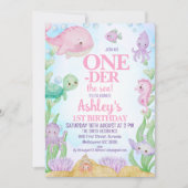 Invitation Baleine rose Photo près de la mer 1er anniversaire (Devant)