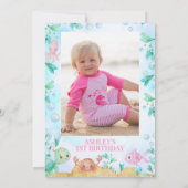 Invitation Baleine rose Photo près de la mer 1er anniversaire (Dos)